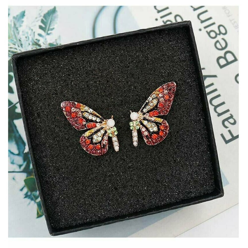 Colorful Sparkling BUTTERFLY Earrings NEW Red Pink Rhinestones Pierced Stud - Picture 6 of 9